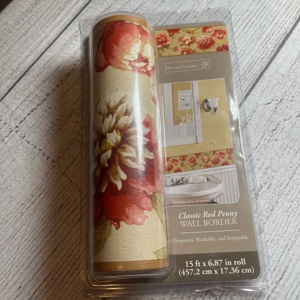 HomeTrends Classic Red Peony Wall Border Prepasted Floral 15ft x 6.87in